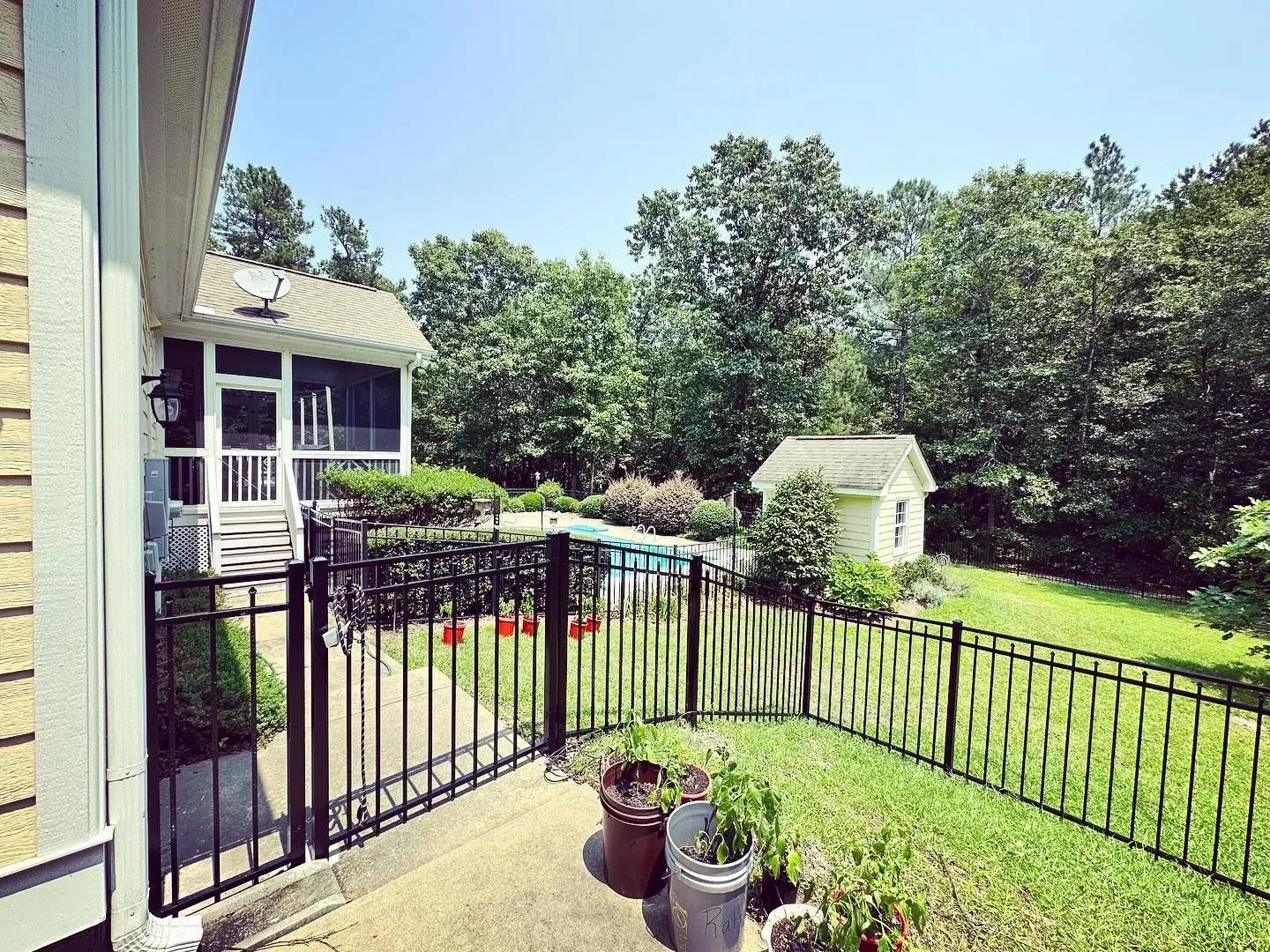 Backyard with pool, screened porch, shed, and black fence on a sunny day.