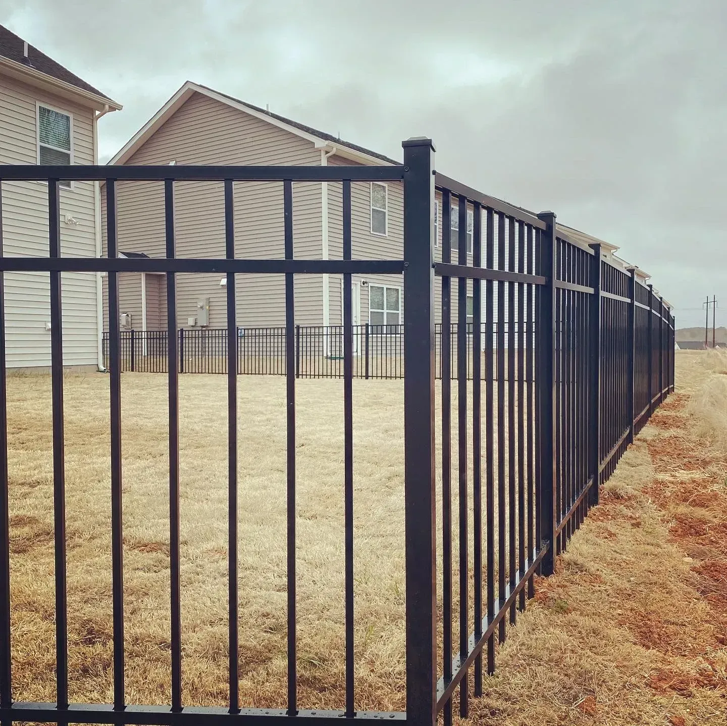 Black metal fence bordering a yard with brown grass. Houses are in the background under a cloudy sky.
