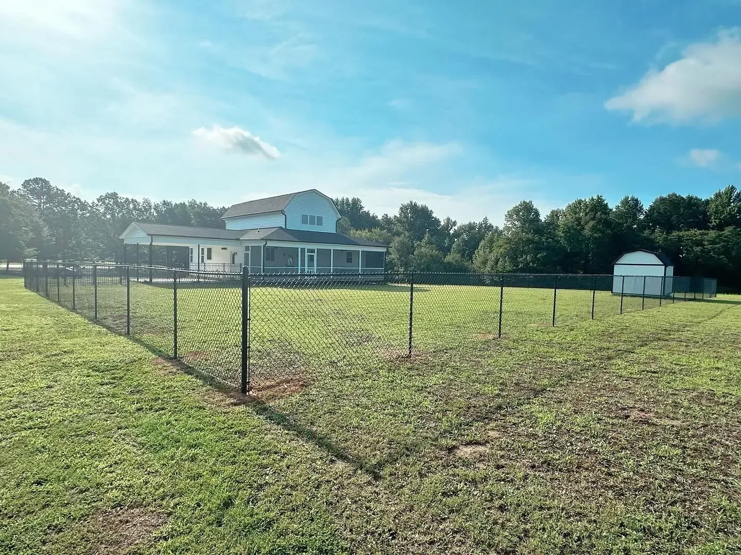 A chain-link fence surrounds a grassy yard, a two-story house, and a small shed under a blue sky.