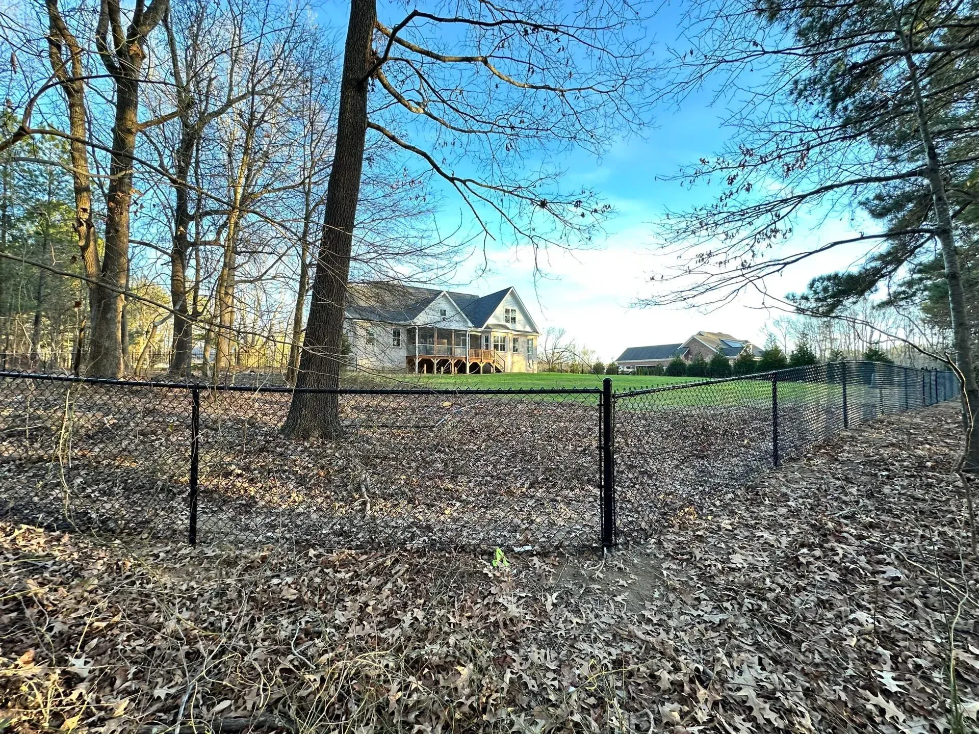 Black chain-link fence in front of trees and a house with a green lawn.