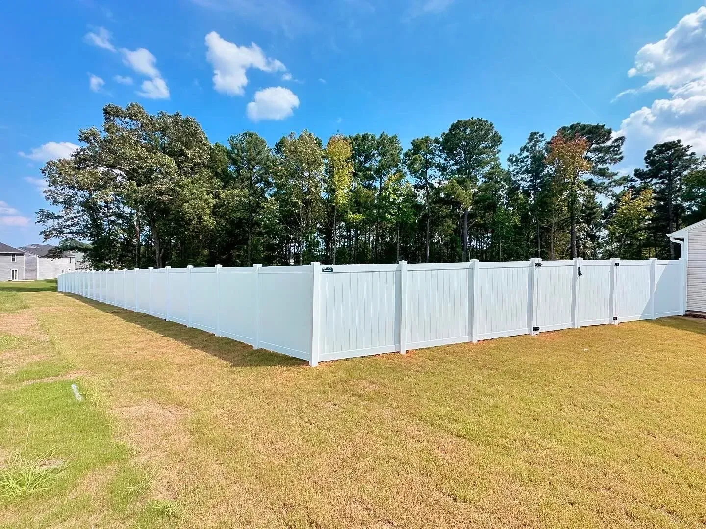 White vinyl fence in a backyard, with trees and blue sky visible behind it.