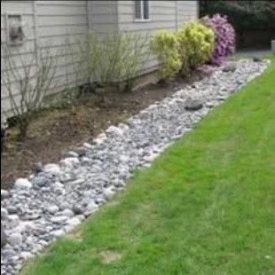 A house exterior with a rock bed next to grass and plants.