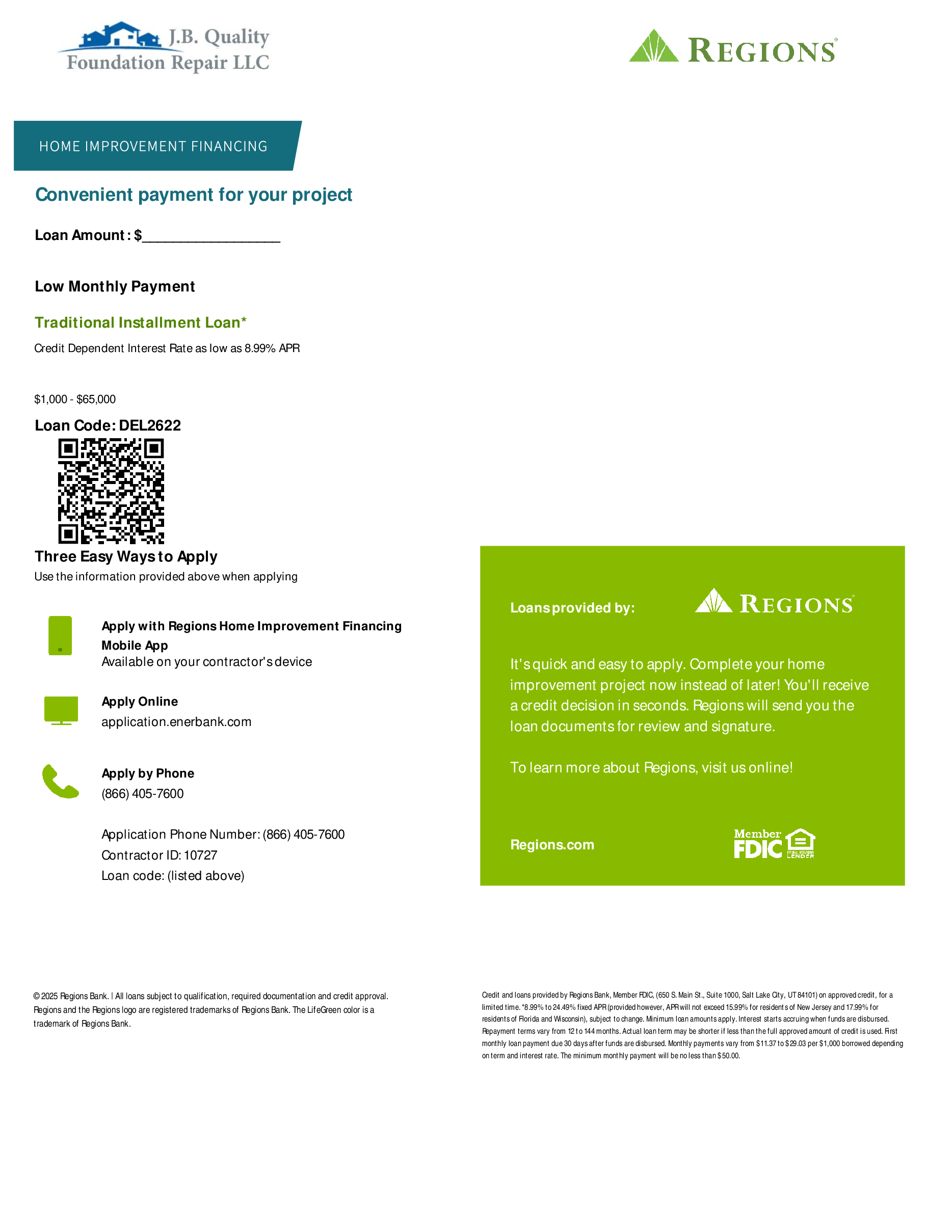 A flyer from Regions Bank. Includes contact information, QR codes, and a logo. Green and white colors.