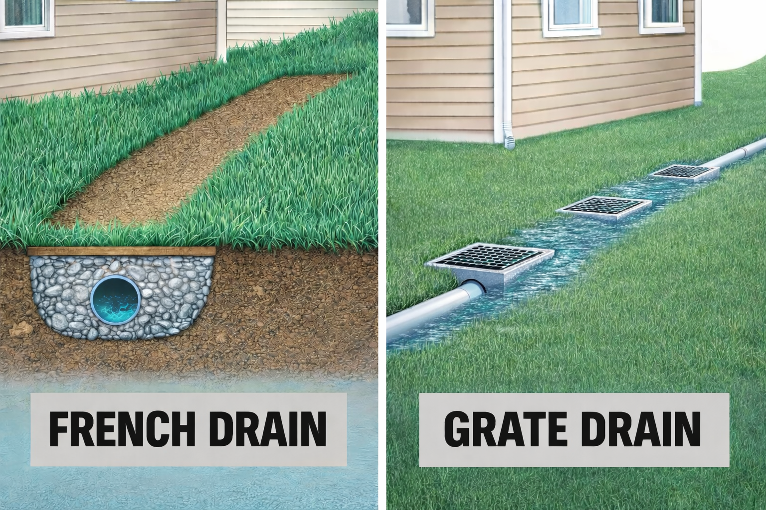 Diagram comparing a French drain and a grate drain used for drainage near a house.