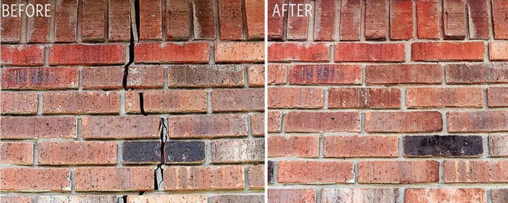Brick wall before and after crack repair; red, brown bricks.