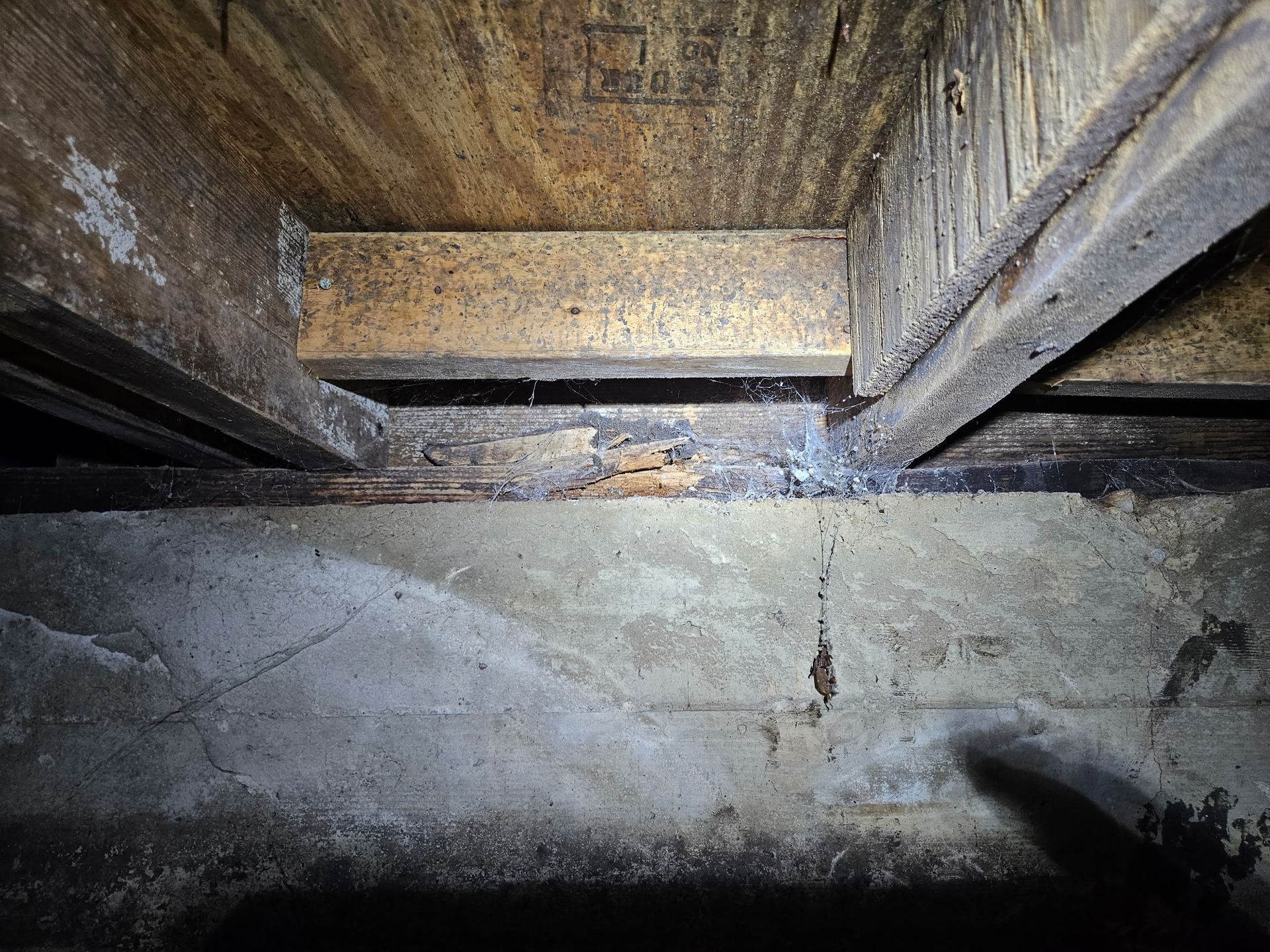 Looking up into a dark crawl space; wood beams, concrete foundation, and a small crack.