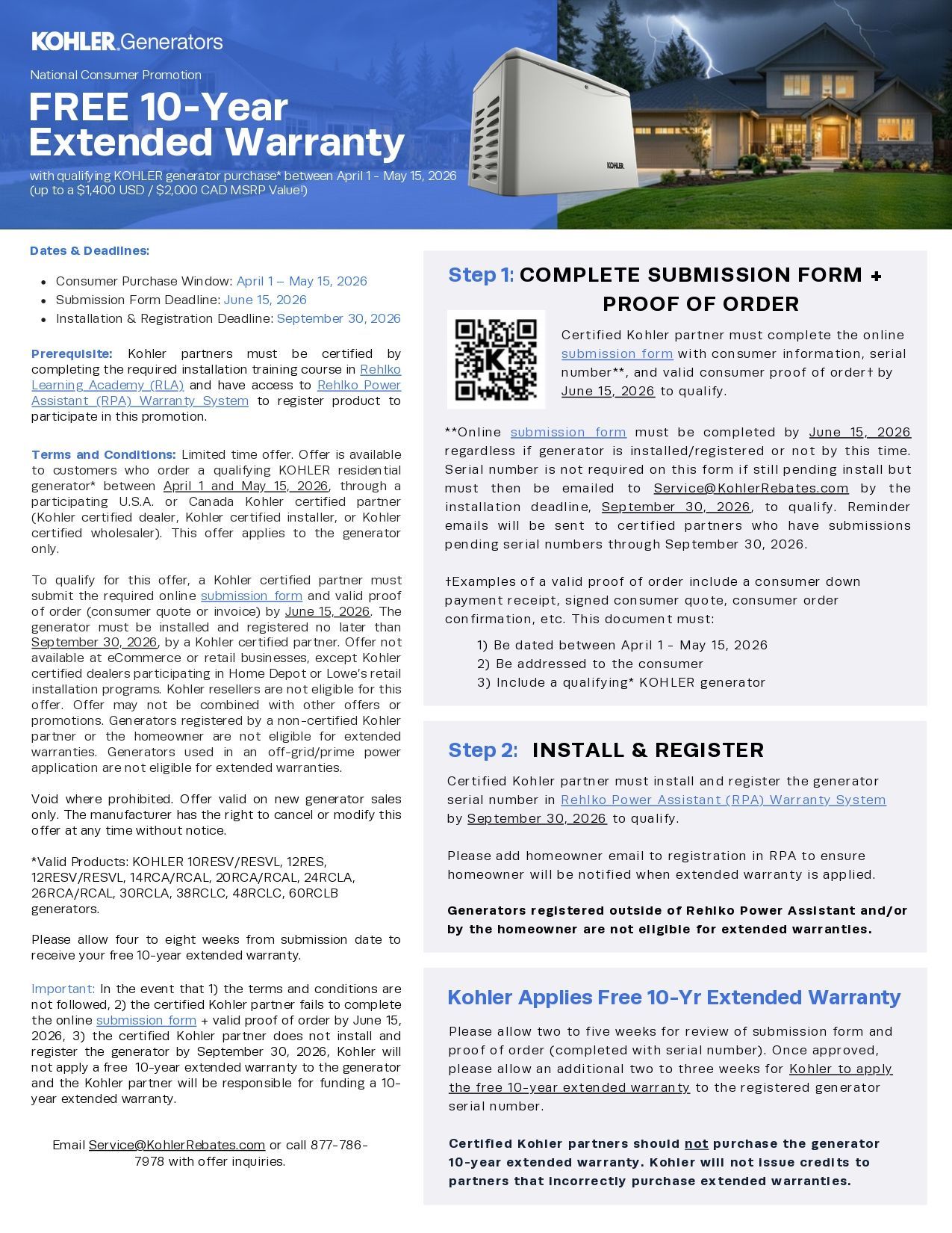 A Kohler Generators flyer advertising a free 10-year extended warranty for home generators with submission and registration steps.