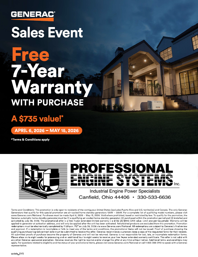 Generac promotional ad for a free 7-year warranty with generator purchase, offered by Professional Engine Systems.