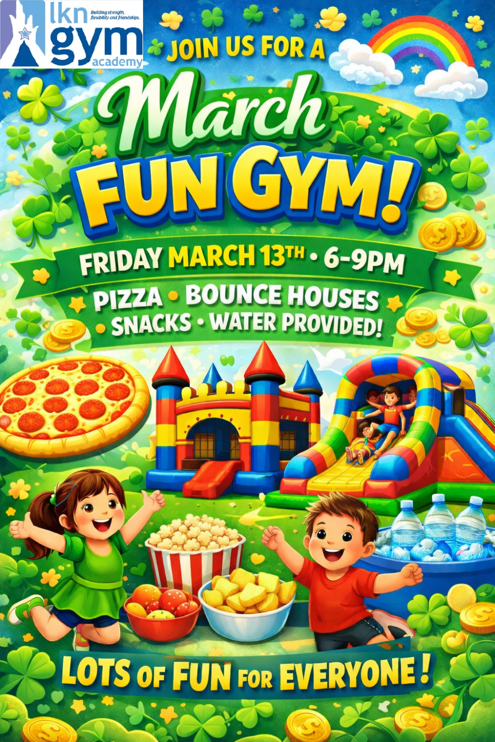 Fall into Fun Gym flyer. Orange leaves frame the text. Event on 09/26/2025, 6:30-9:30pm. Drinks/pizza provided, snacks (cash only).