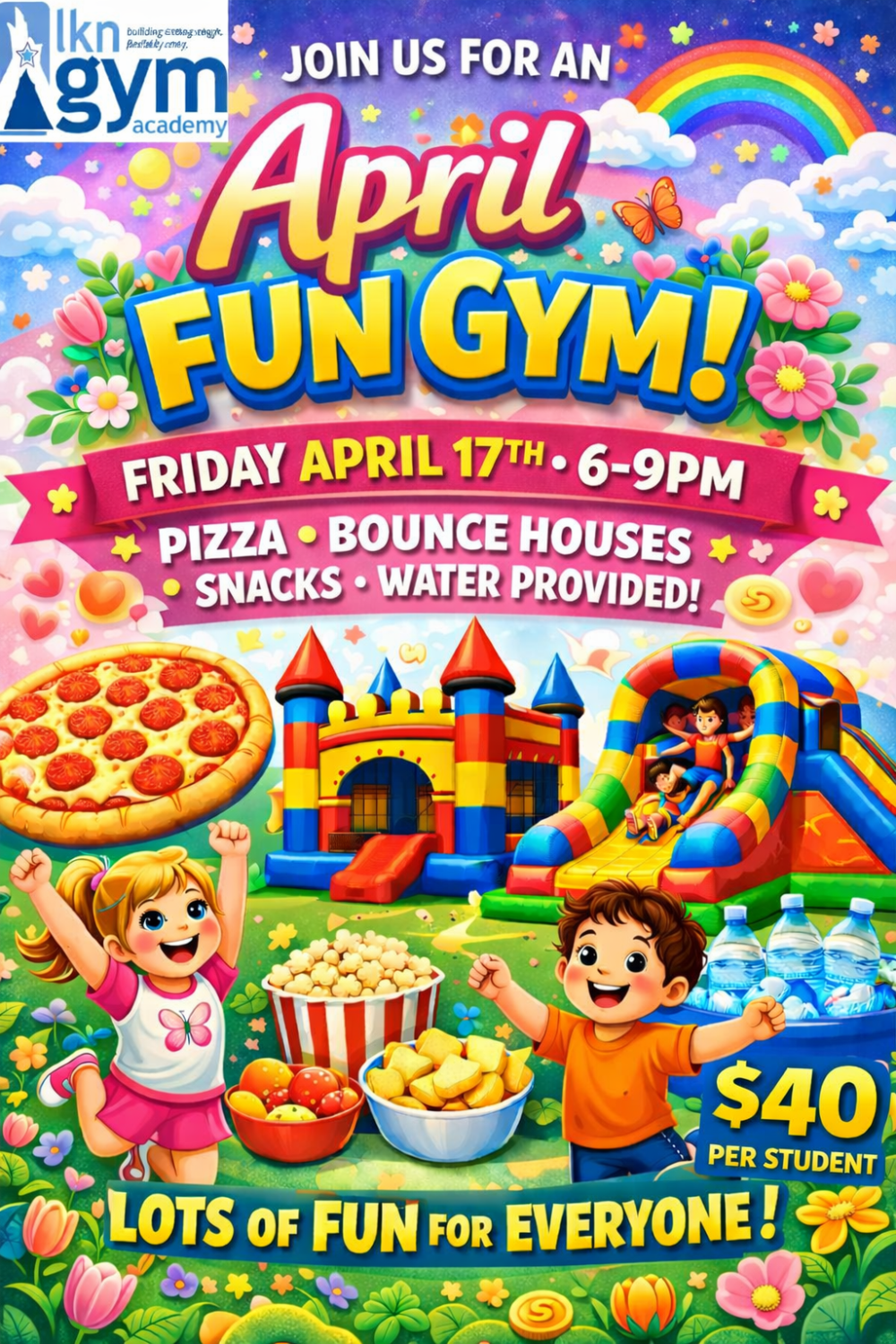 Fall into Fun Gym flyer. Orange leaves frame the text. Event on 09/26/2025, 6:30-9:30pm. Drinks/pizza provided, snacks (cash only).