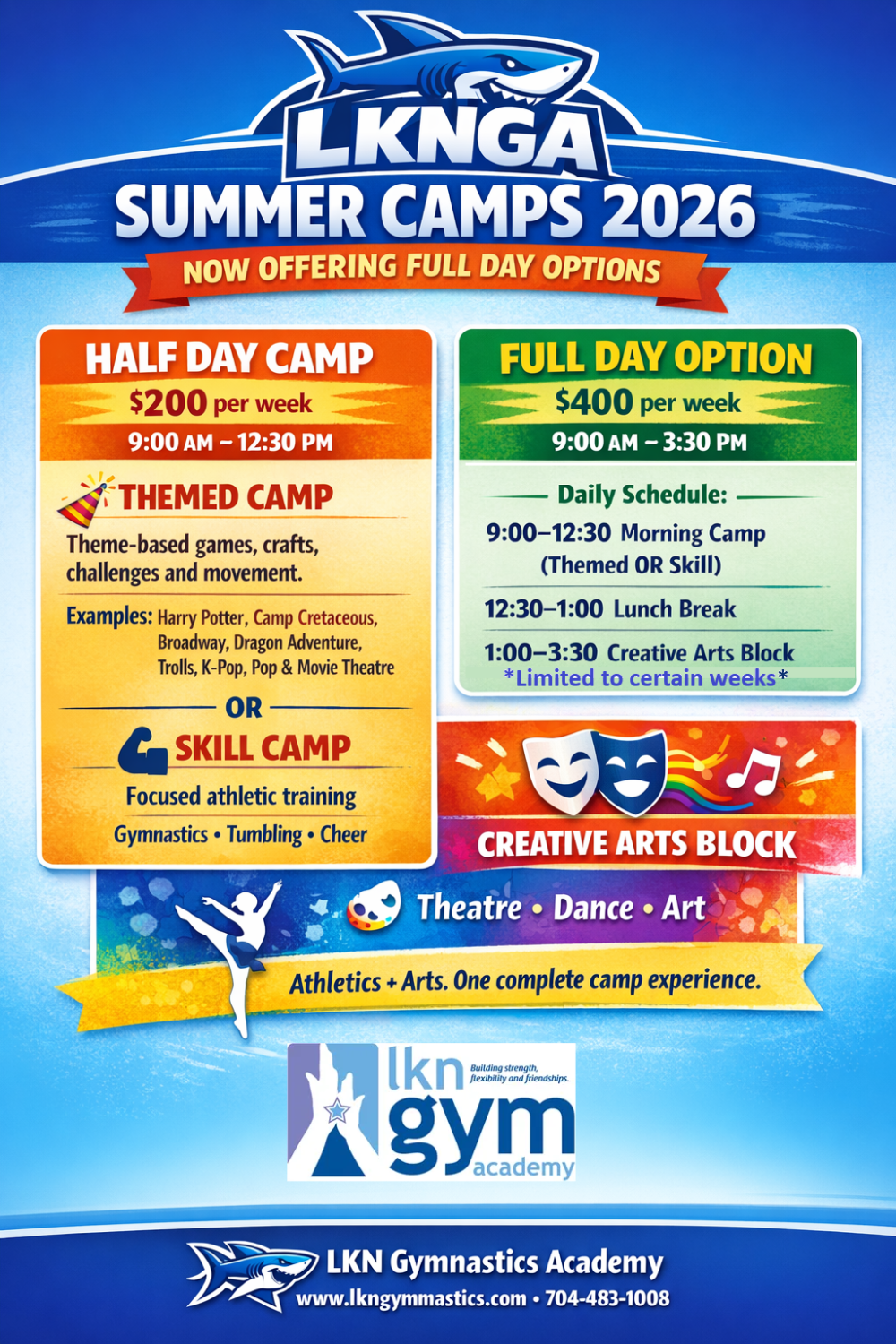 LKNGA Summer Camps 2026 flyer, listing weekly themes: Harry Potter, Camp Cretaceous, Broadway Theatre, Dragon Adventure, Trails Music, K-Pop, and Pop & Movie Theatre.