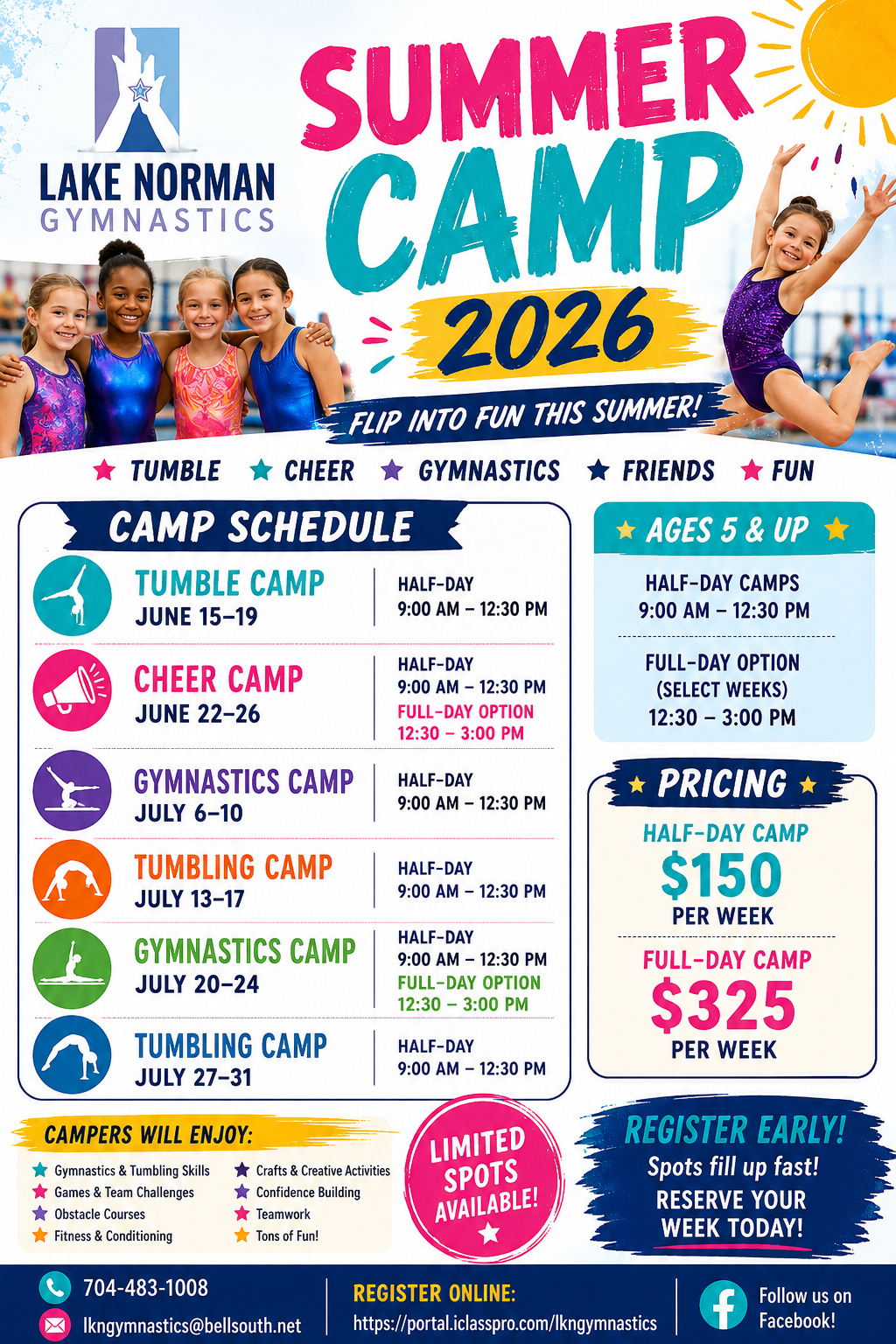 LKNGA Summer Camps 2026 flyer, listing weekly themes: Harry Potter, Camp Cretaceous, Broadway Theatre, Dragon Adventure, Trails Music, K-Pop, and Pop & Movie Theatre.
