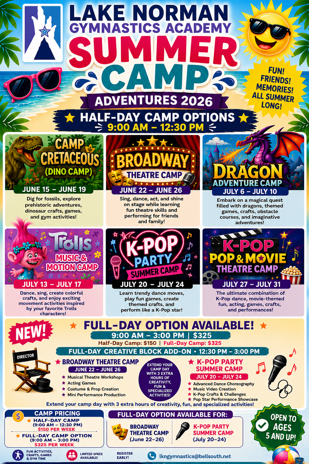 LKNGA Summer Camps 2026 flyer with weekly camp themes