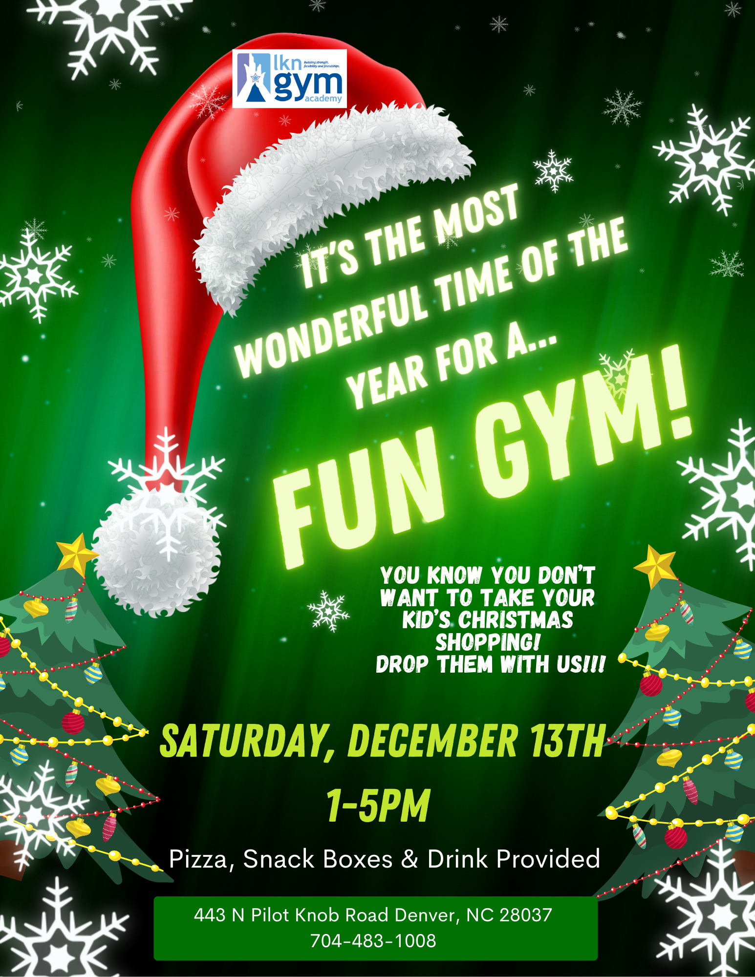 Fall into Fun Gym flyer. Orange leaves frame the text. Event on 09/26/2025, 6:30-9:30pm. Drinks/pizza provided, snacks (cash only).