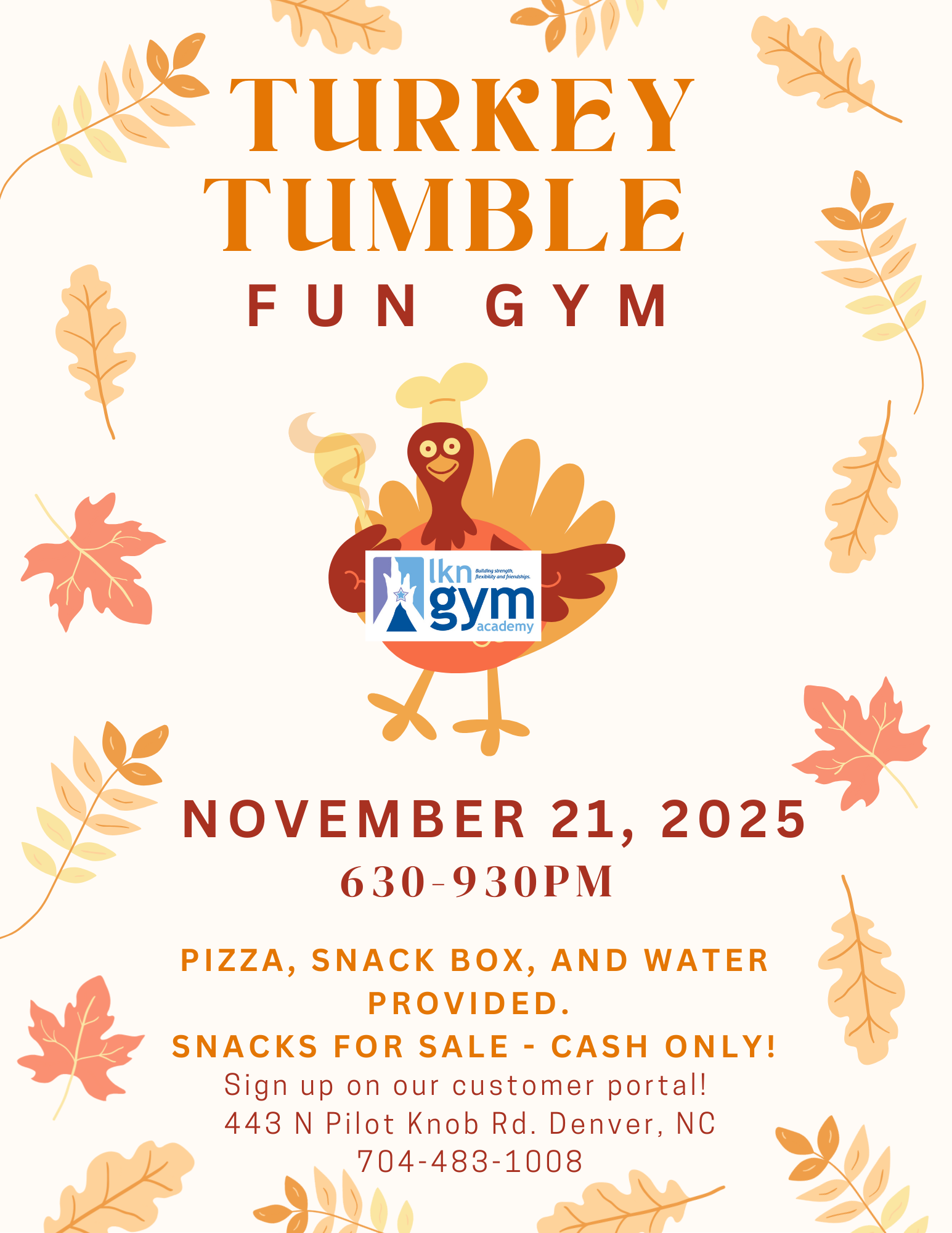Fall into Fun Gym flyer. Orange leaves frame the text. Event on 09/26/2025, 6:30-9:30pm. Drinks/pizza provided, snacks (cash only).