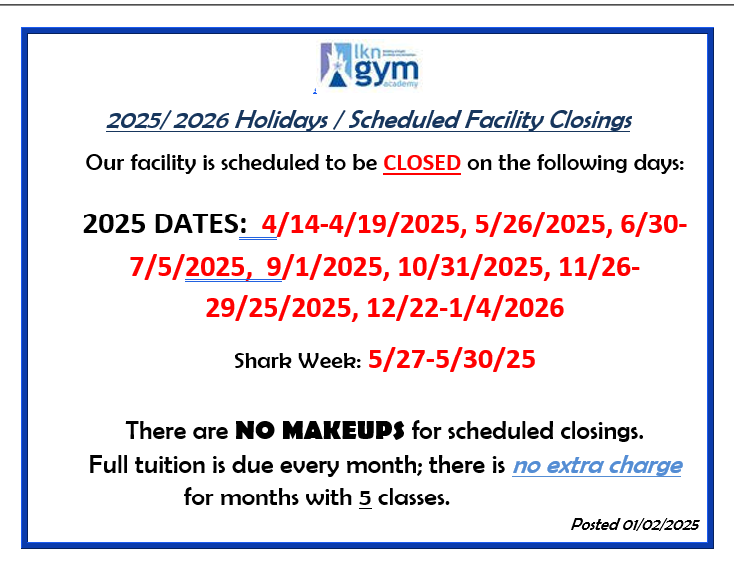 2023/2024 Holidays/Scheduled Facility Closings