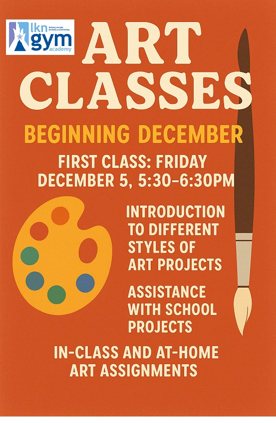 Poster for art classes beginning in December at a gym. Includes class details, a paint palette, and a paintbrush.