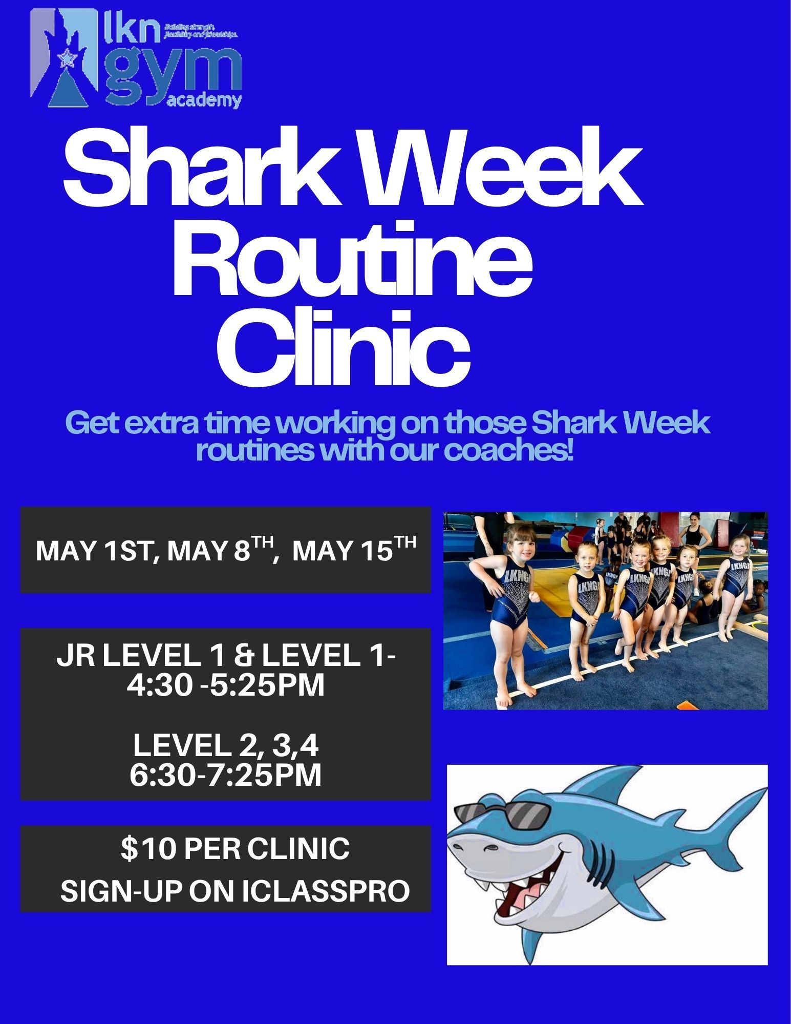 Shark Week Routine Clinic flyer with dates, level times, sign-up info, blue shark graphic, and swimmer photo