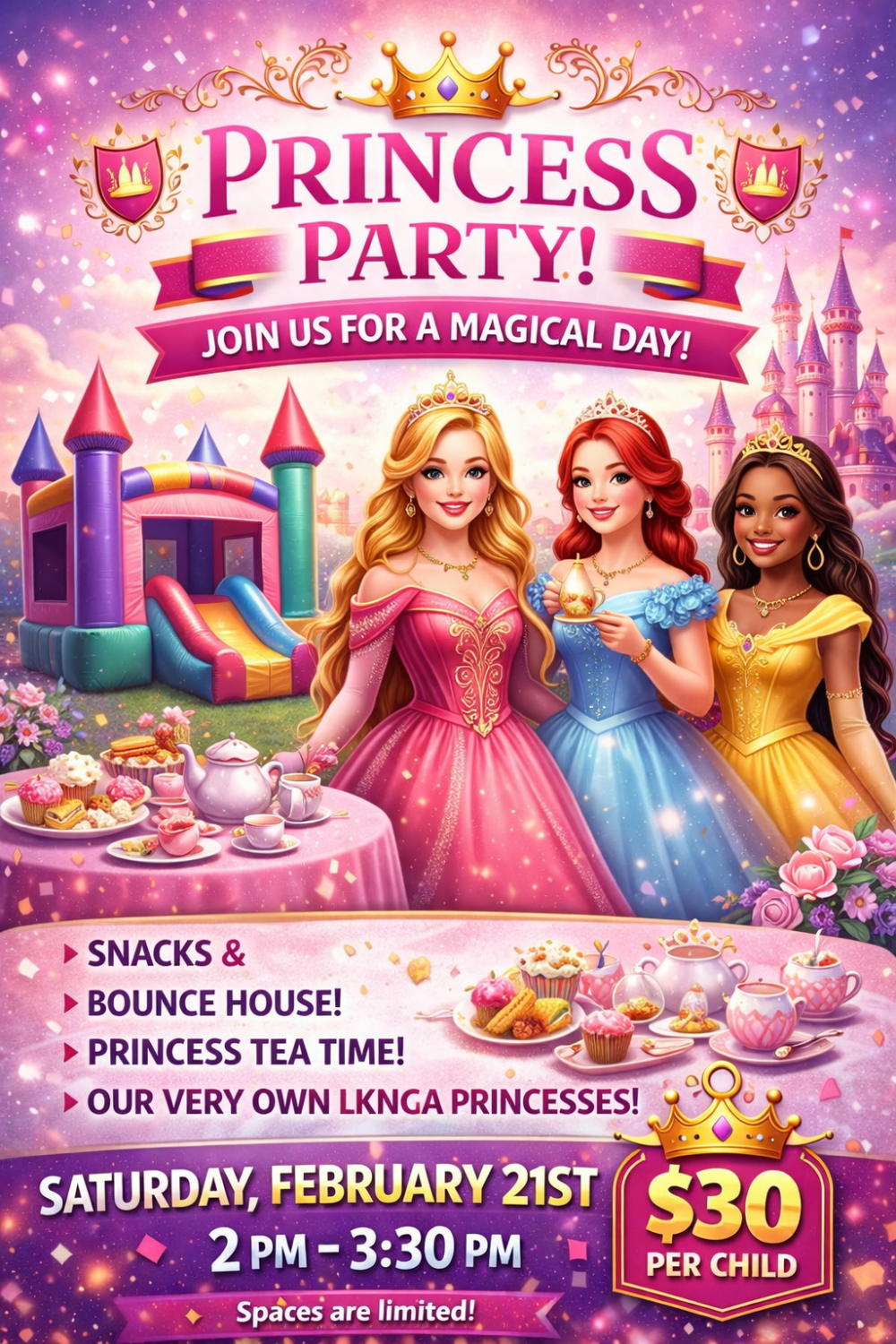 Princess party poster with three princesses, bounce house, tea party, and text: Saturday, February 21st, 2 PM - 3:30 PM, $30 per child.