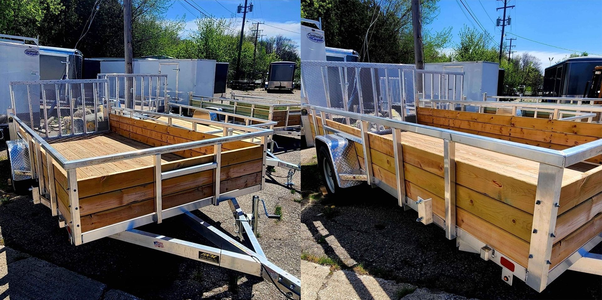 Two wooden raised garden beds in a sunny outdoor nursery with white fencing in the background