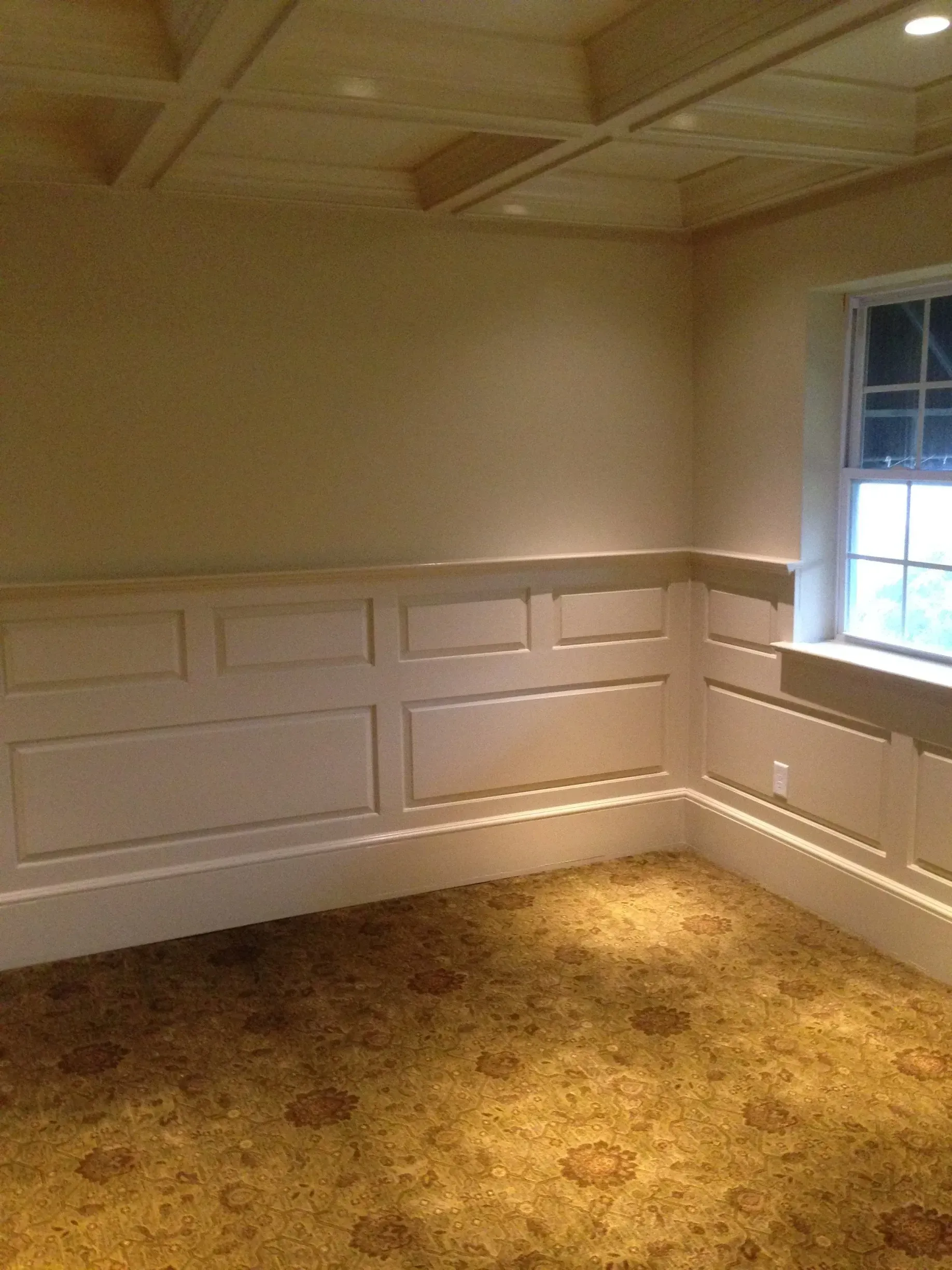 Empty beige room with paneled walls, carpeted floor, and a window letting in sunlight