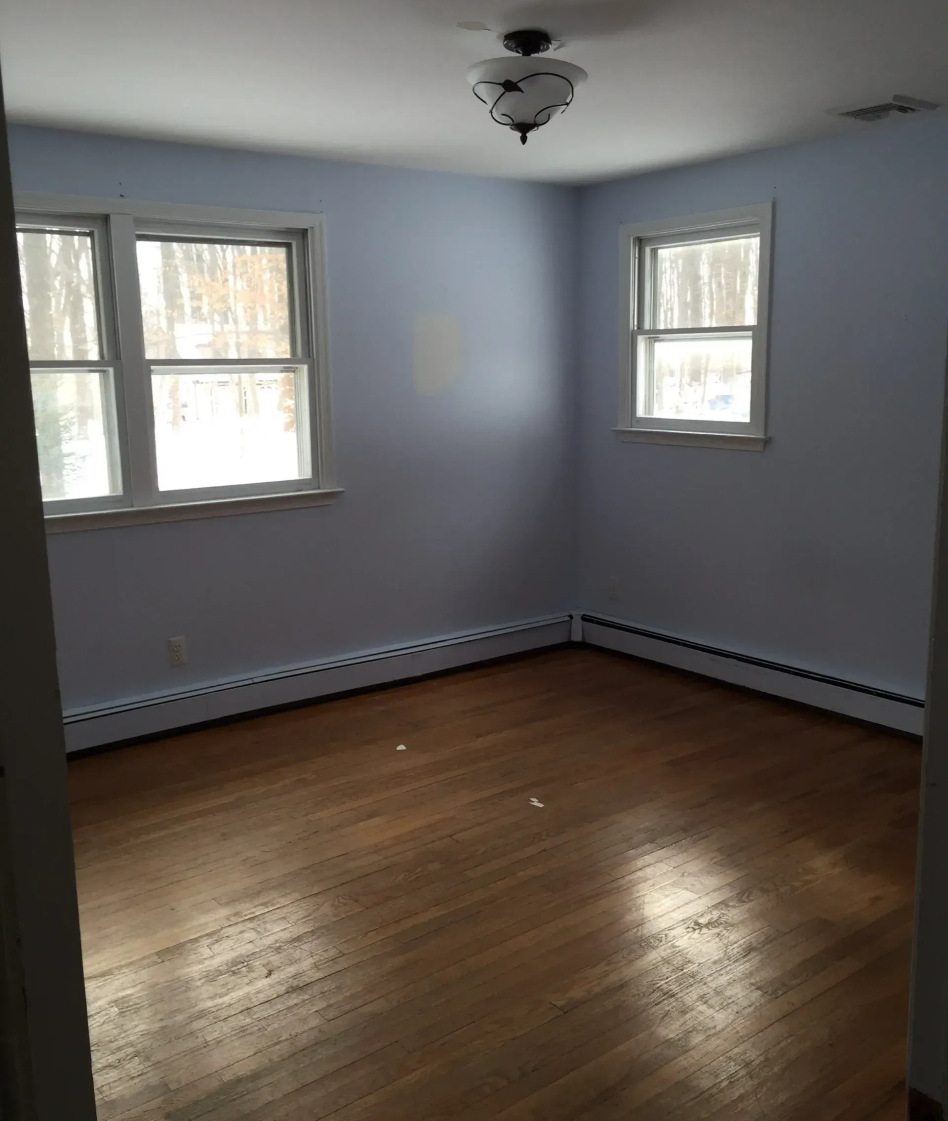 Empty room with light blue walls, hardwood floor, and two windows.