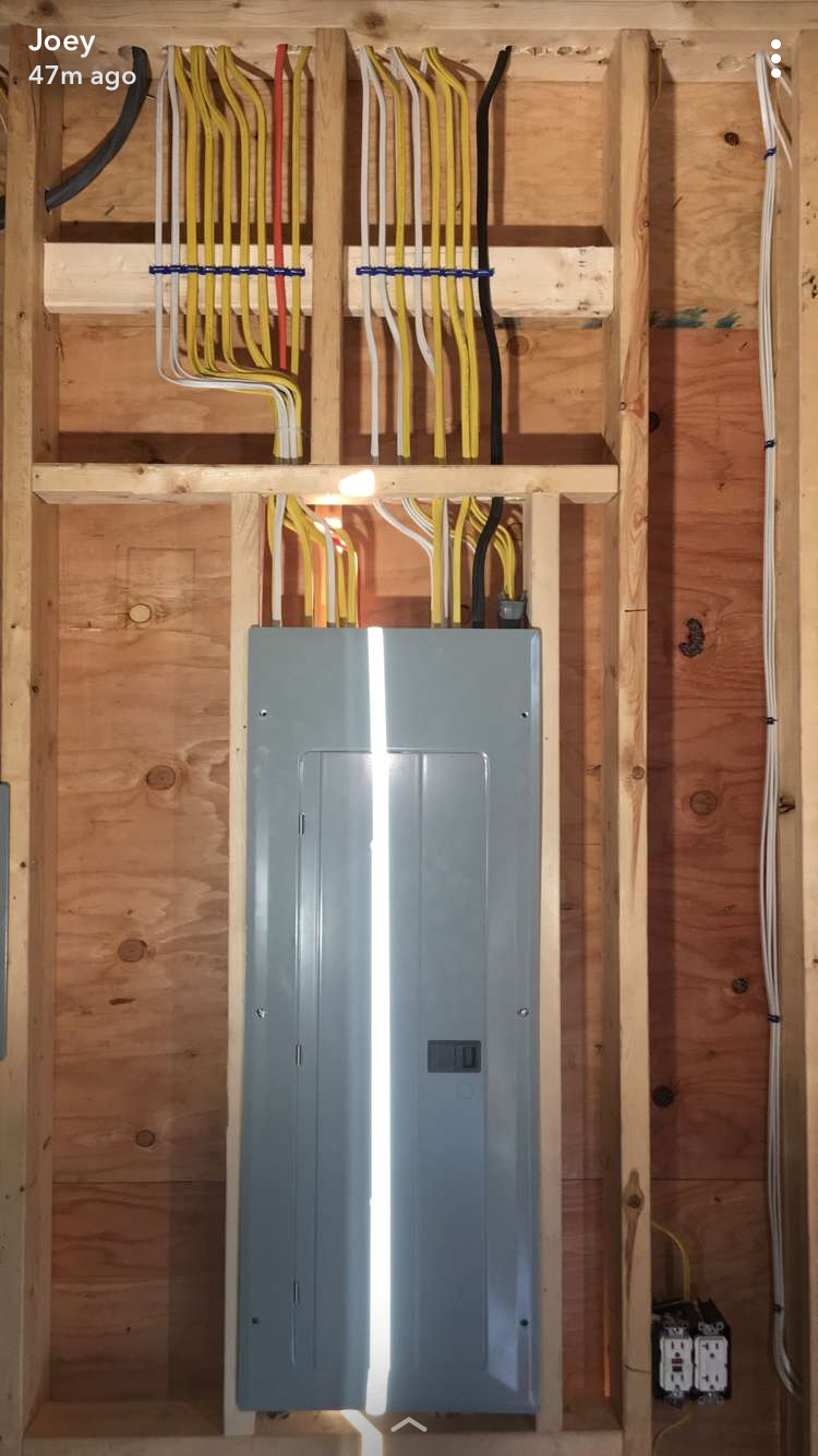 Electrical panel installation in a wooden frame, with yellow and red wires.