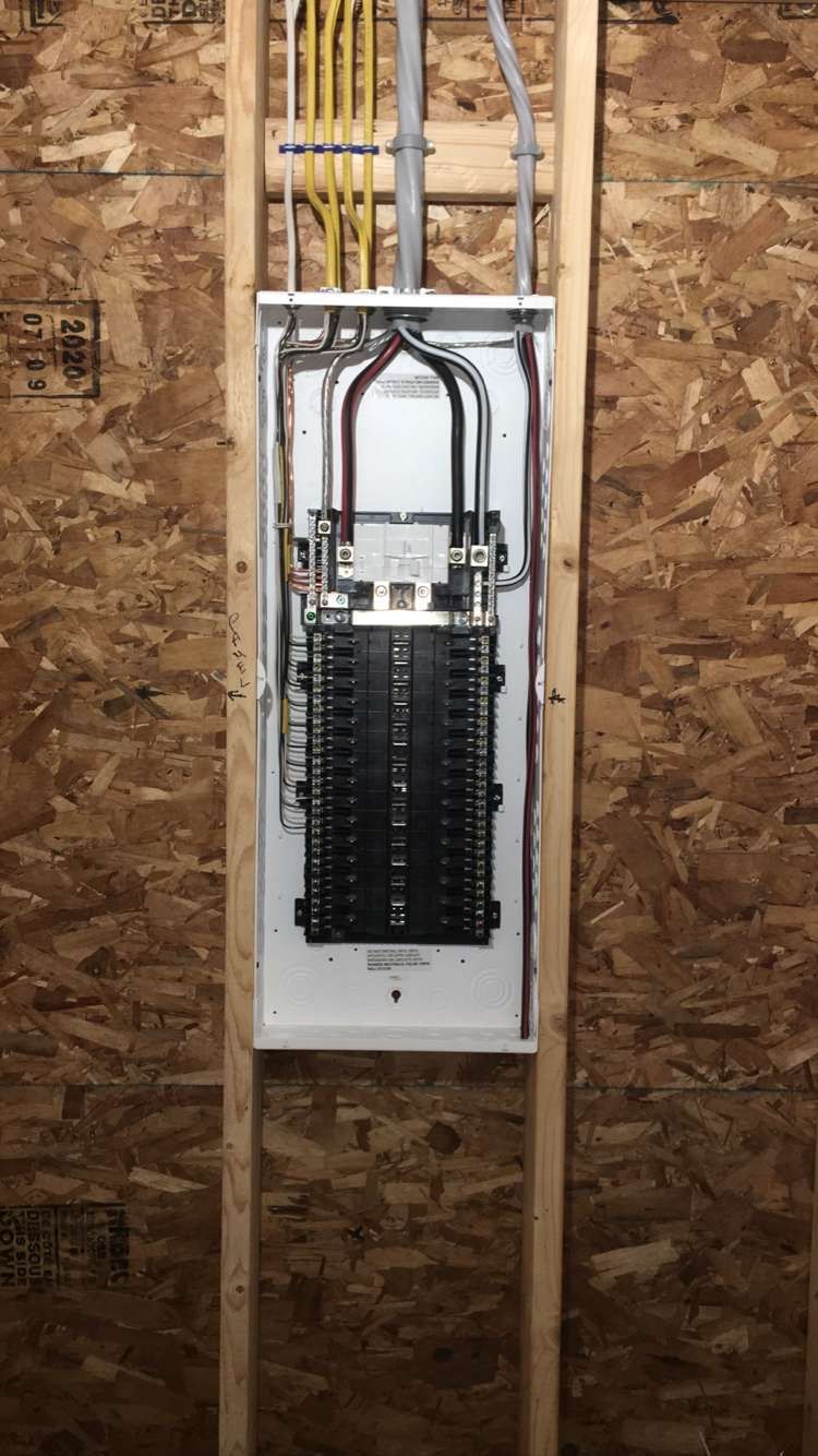 Electrical panel installed on a wood wall with wires running into it.