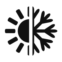 A black icon split down the middle, featuring a sun on the left and a snowflake on the right.