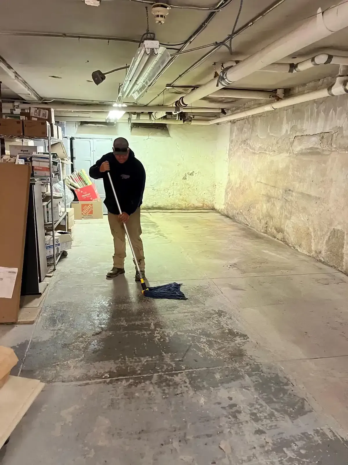Person mopping a damp concrete basement floor under exposed pipes and fluorescent lights.