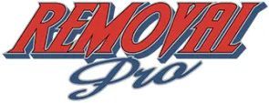 The Removal Pro logo features red, bold, slanted text with a blue drop shadow above the word Pro in blue script.