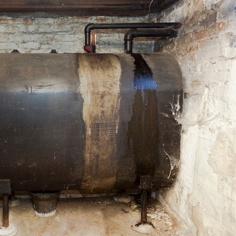 A large, cylindrical oil tank with a visible black fluid leak running down its side from a pipe connection near a wall.