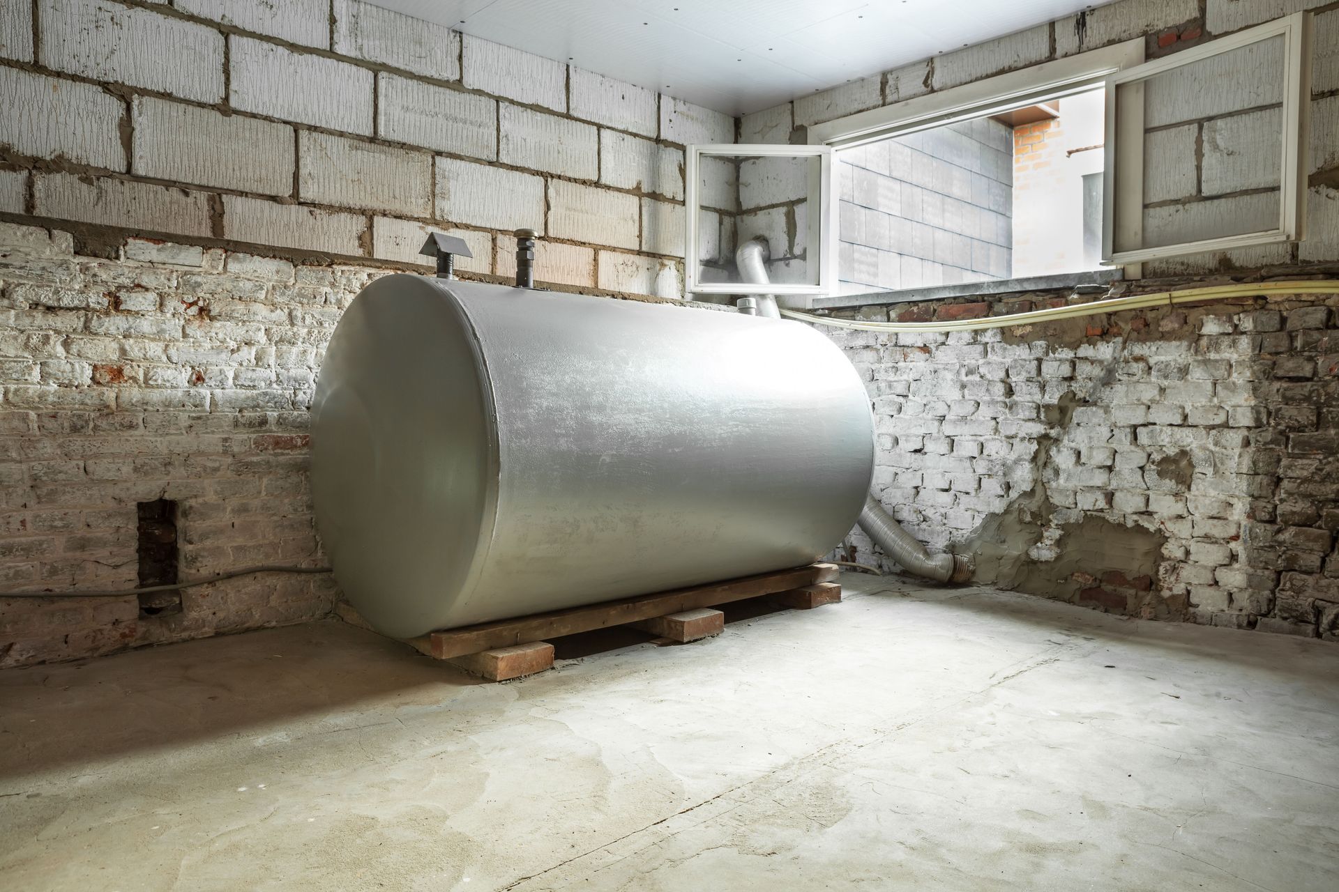 A large, cylindrical silver tank rests on wooden supports in a basement with concrete block walls and a small open window.