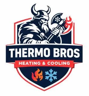 Thermo Bros Heating & Cooling logo with a Viking mascot, red, navy, and white shield emblem