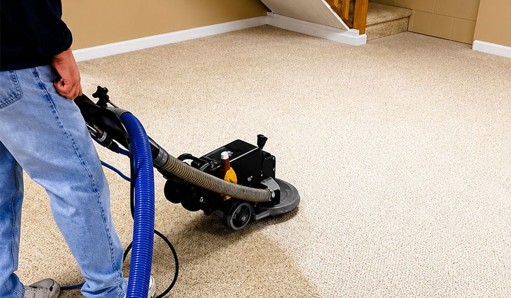 Person operating a floor buffer on a carpeted floor in a room with tan walls