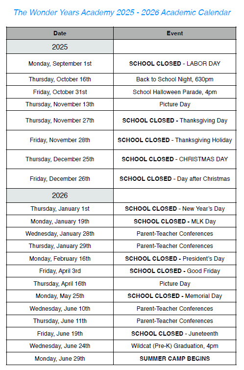 The wonder years academy school calendar for 2024 and 2025