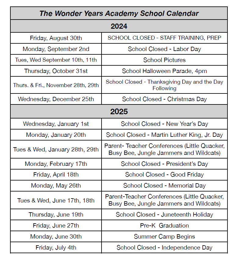 The wonder years academy school calendar for 2024 and 2025