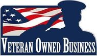 A veteran owned business logo with a soldier saluting in front of an american flag.