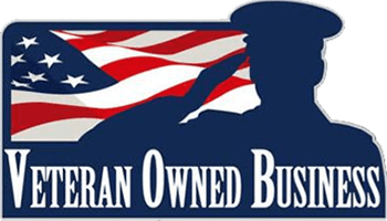 A veteran owned business logo with a soldier saluting in front of an american flag.