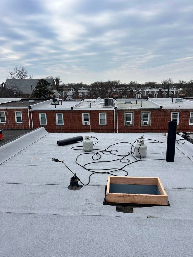 Flat commercial roof with skylights under a bright blue sky.