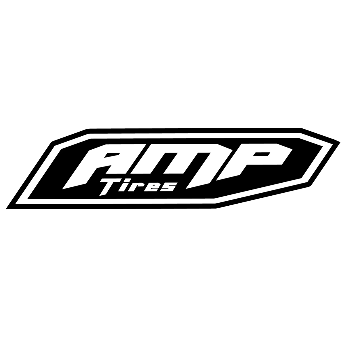 Black and white AMP Tires logo in an angled, hexagonal frame. The word 