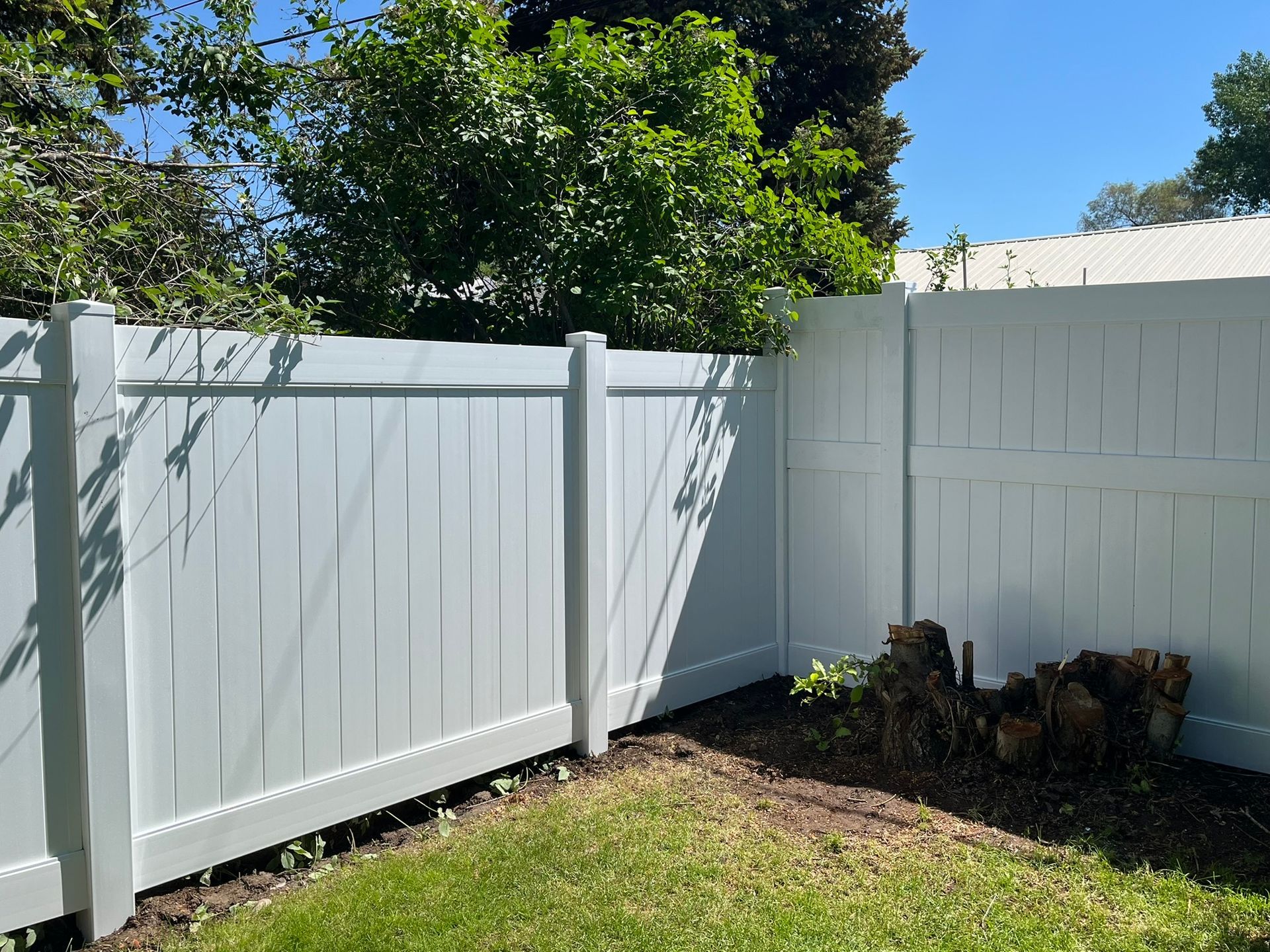 A white fence is sitting in the middle of a lush green yard.
