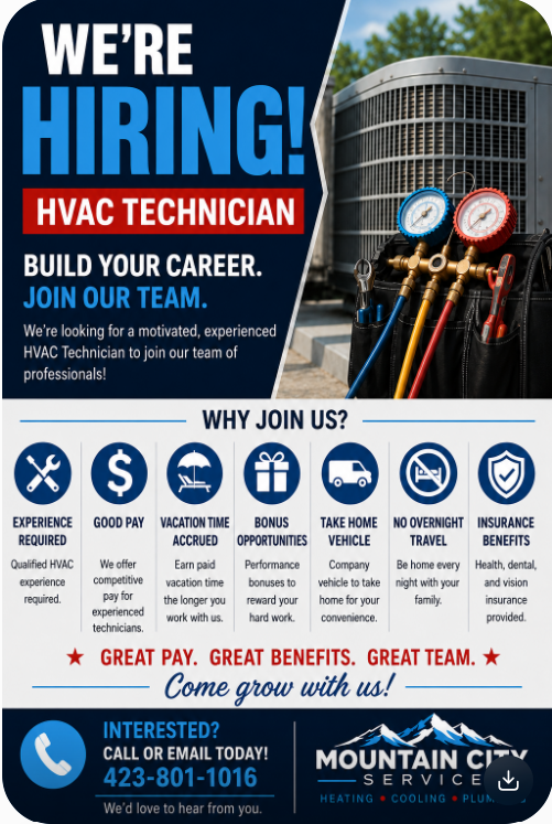 HVAC technician hiring poster with blue background, gauges, and Mountain City Mechanical branding