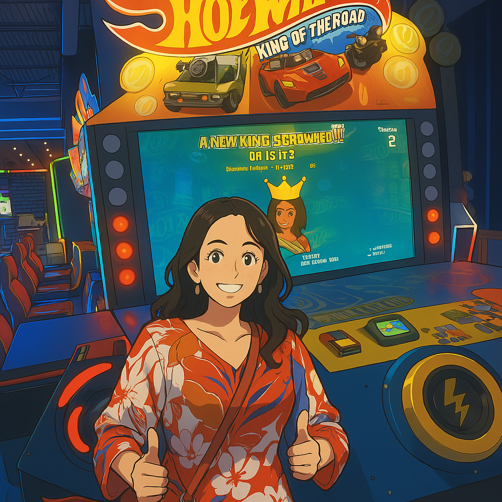 Woman giving thumbs up in front of a Hot Wheels arcade game, colorful setting.