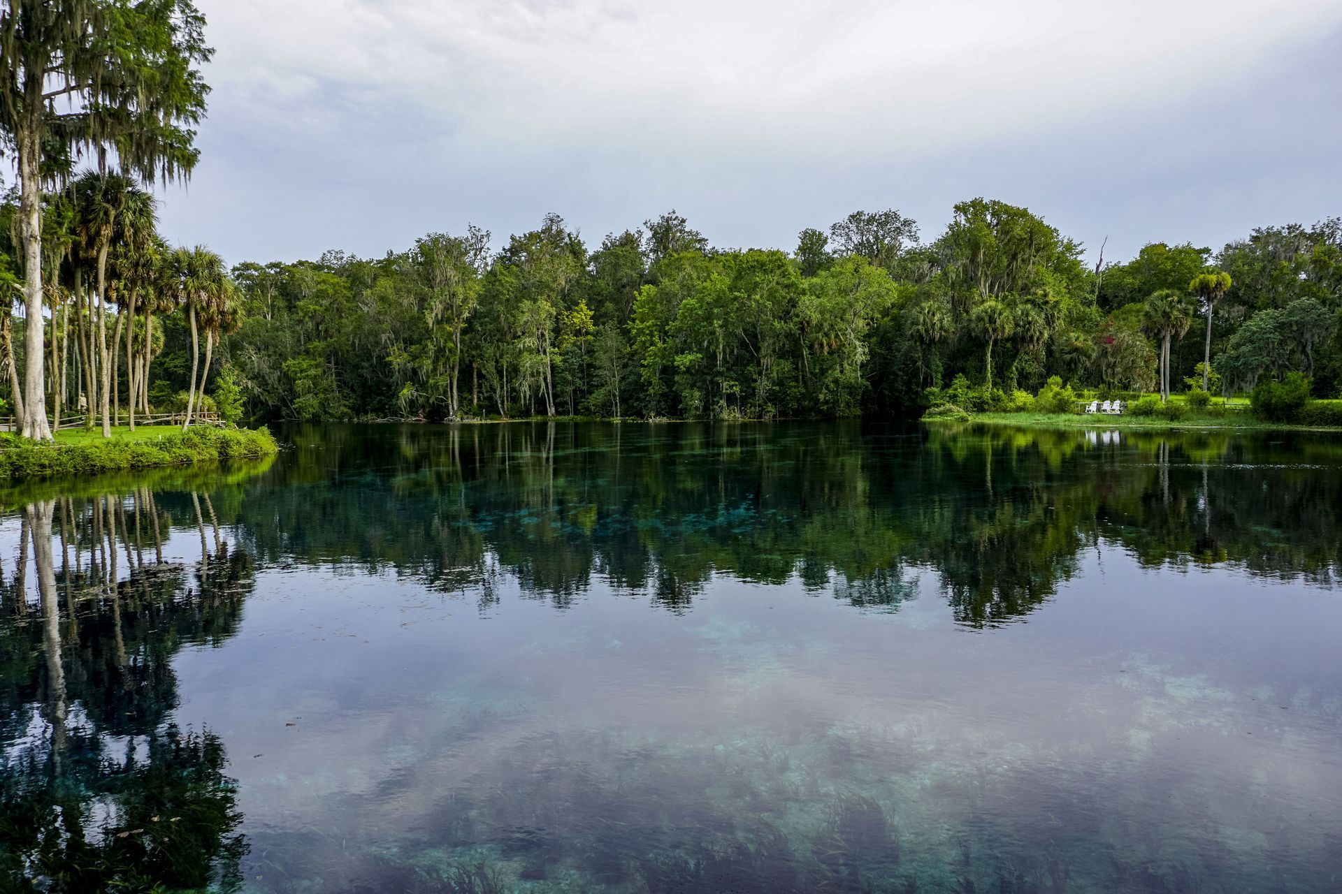 Crystal-clear water reflecting lush green trees under a cloudy sky.