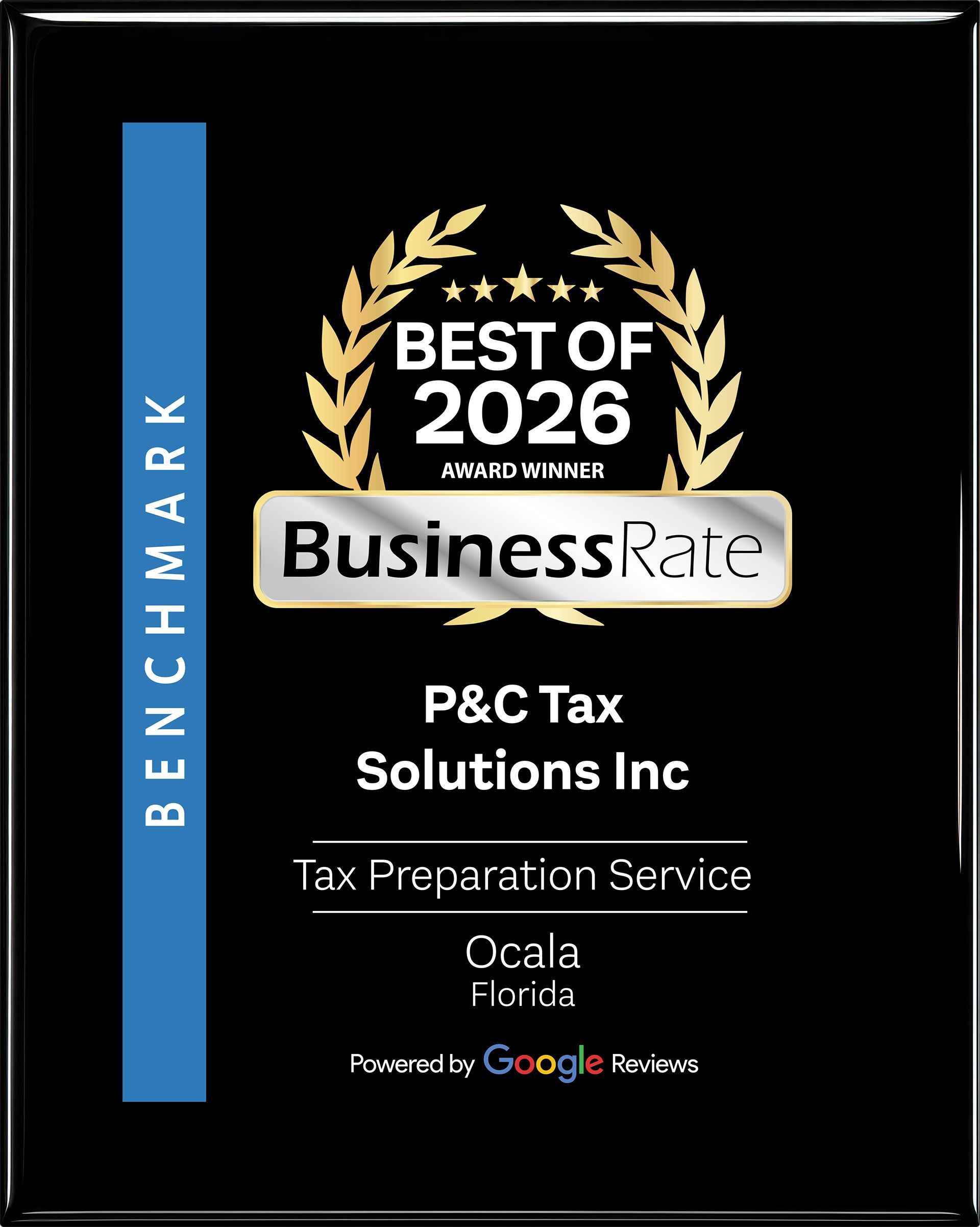 Black award plaque with gold laurel, Best of 2026, BusinessRate benchmark for P&C Tax Solutions Inc.