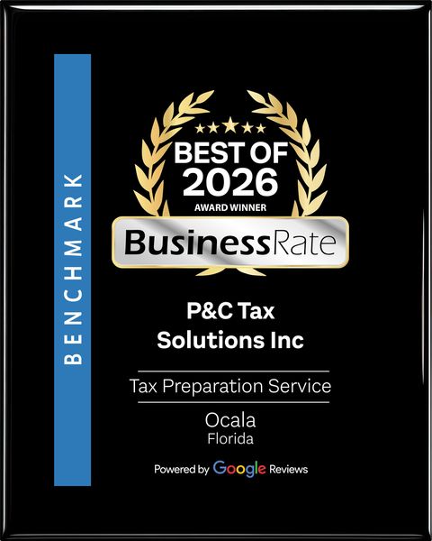 Black award plaque with gold laurel, Best of 2026, BusinessRate benchmark for P&C Tax Solutions Inc.