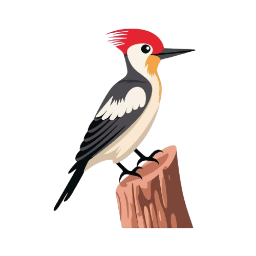 Woodpecker with red head, perched on a brown tree stump.