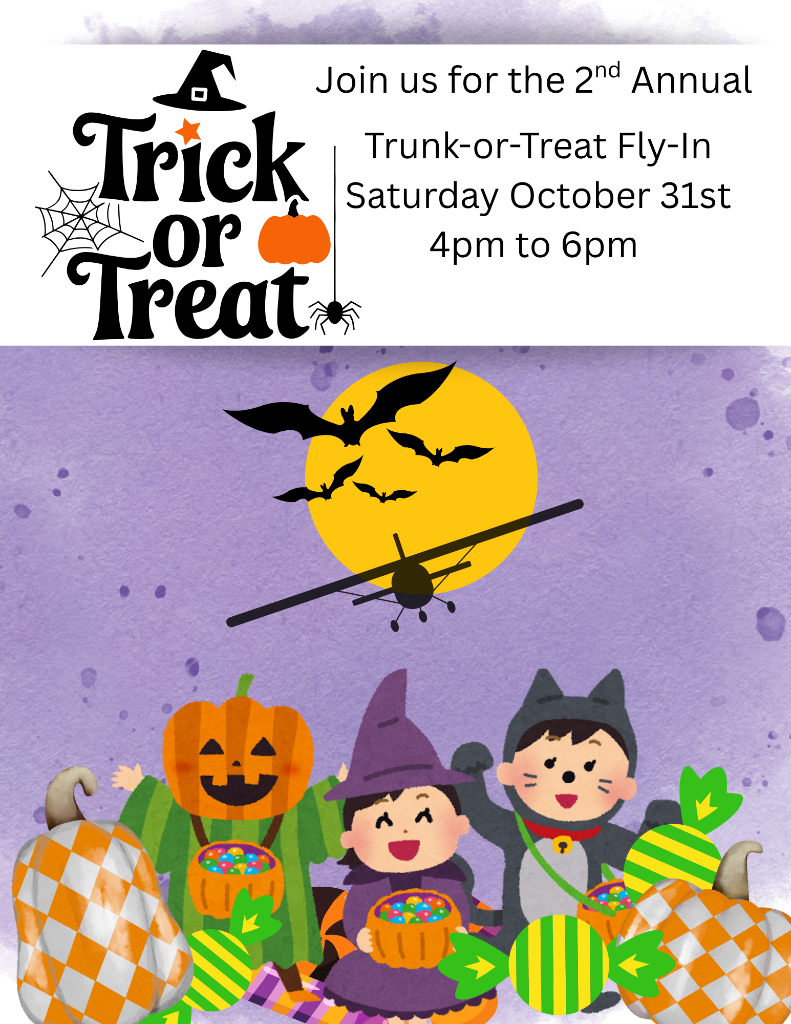 Halloween event flyer, Trunk or Treat Fly-in with pumpkins, bats, a witch hat, an airplane, and ghosts at 432 Airport Road, Mattoon, IL.