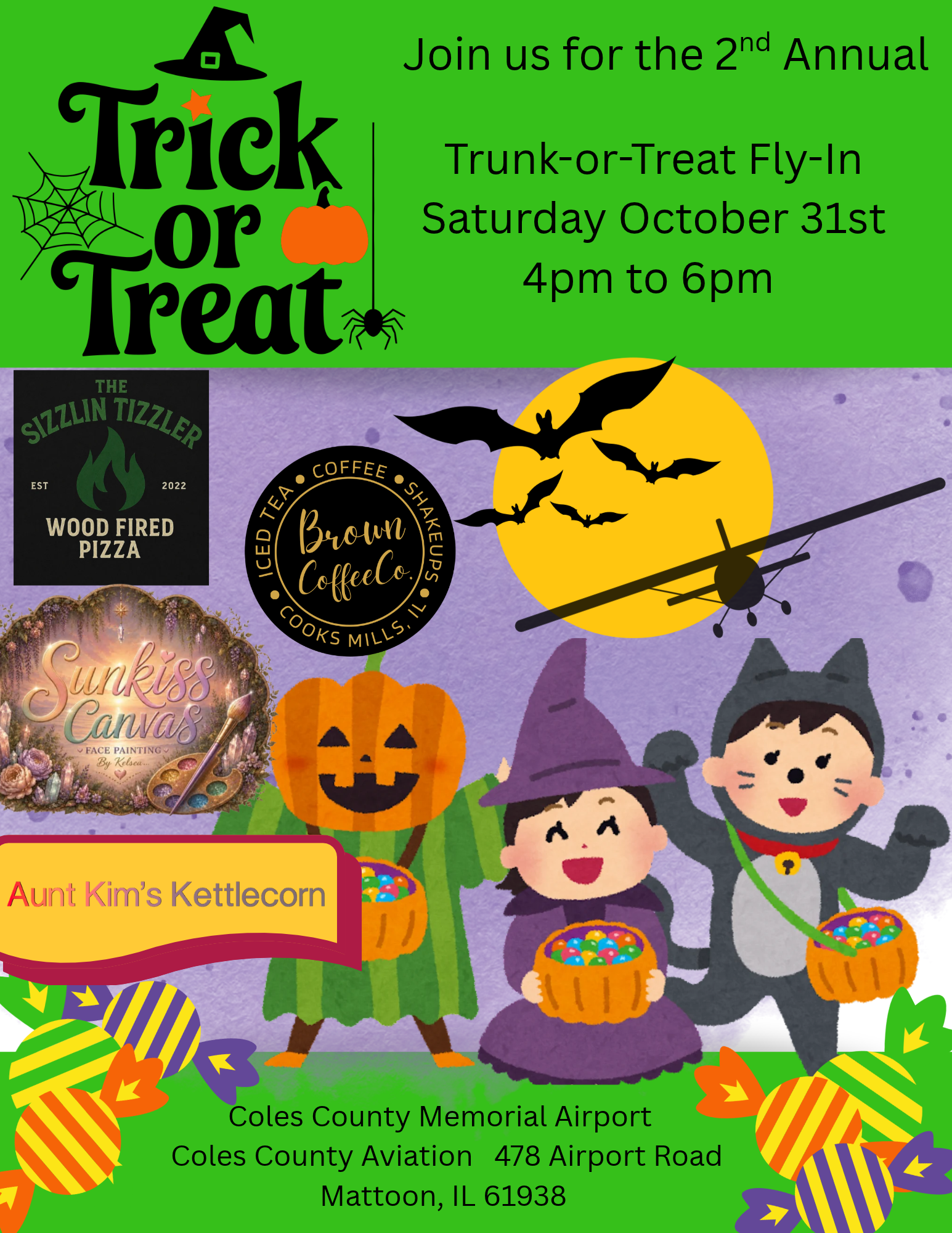 Halloween event flyer, Trunk or Treat Fly-in with pumpkins, bats, a witch hat, an airplane, and ghosts at 432 Airport Road, Mattoon, IL.